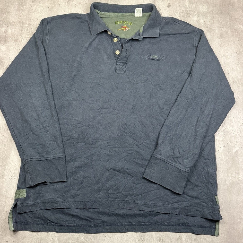 ORVIS 100% Cotton Polo Shirt Long Sleeve Black Solid Rugby Knit Men Size XL